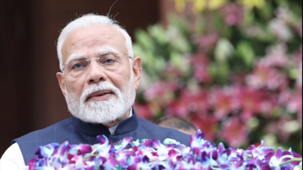 M Modi with Keir Starmer and King Charles III during UK visit 2025